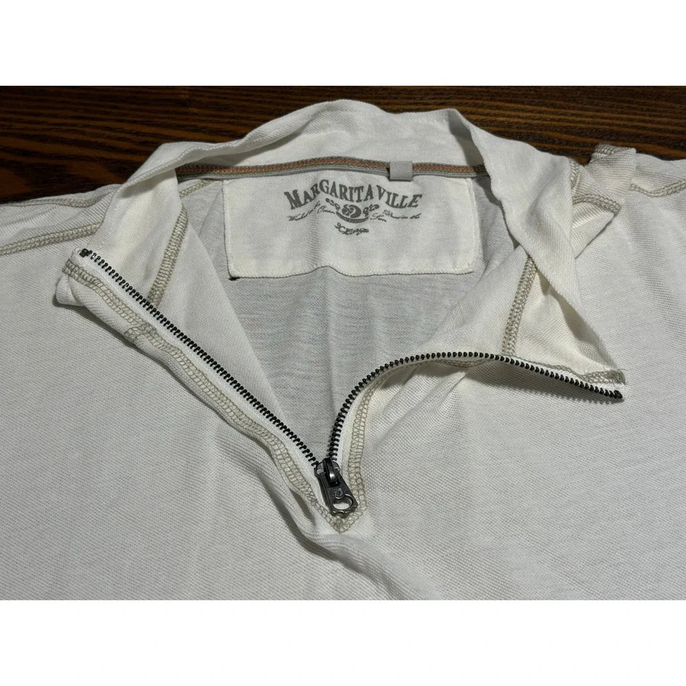Margaritaville Mens XL Quarter Zip Pullover Off White Cotton Contrast Stitching